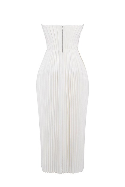 Strapless Corset Pleated Elegant Party Gown Midi Dresses-White