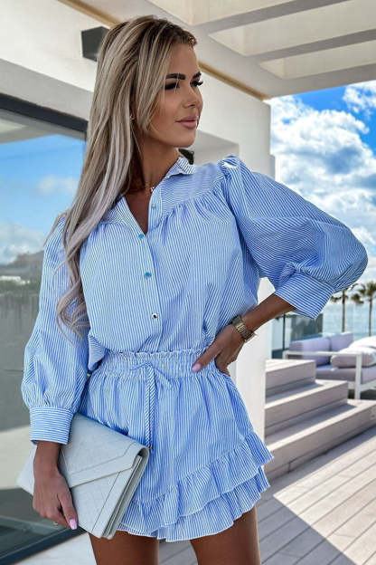 Striped Button Up 3/4 Lantern Sleeve Blouse Ruffled Mini Skirt Matching Set-Blue
