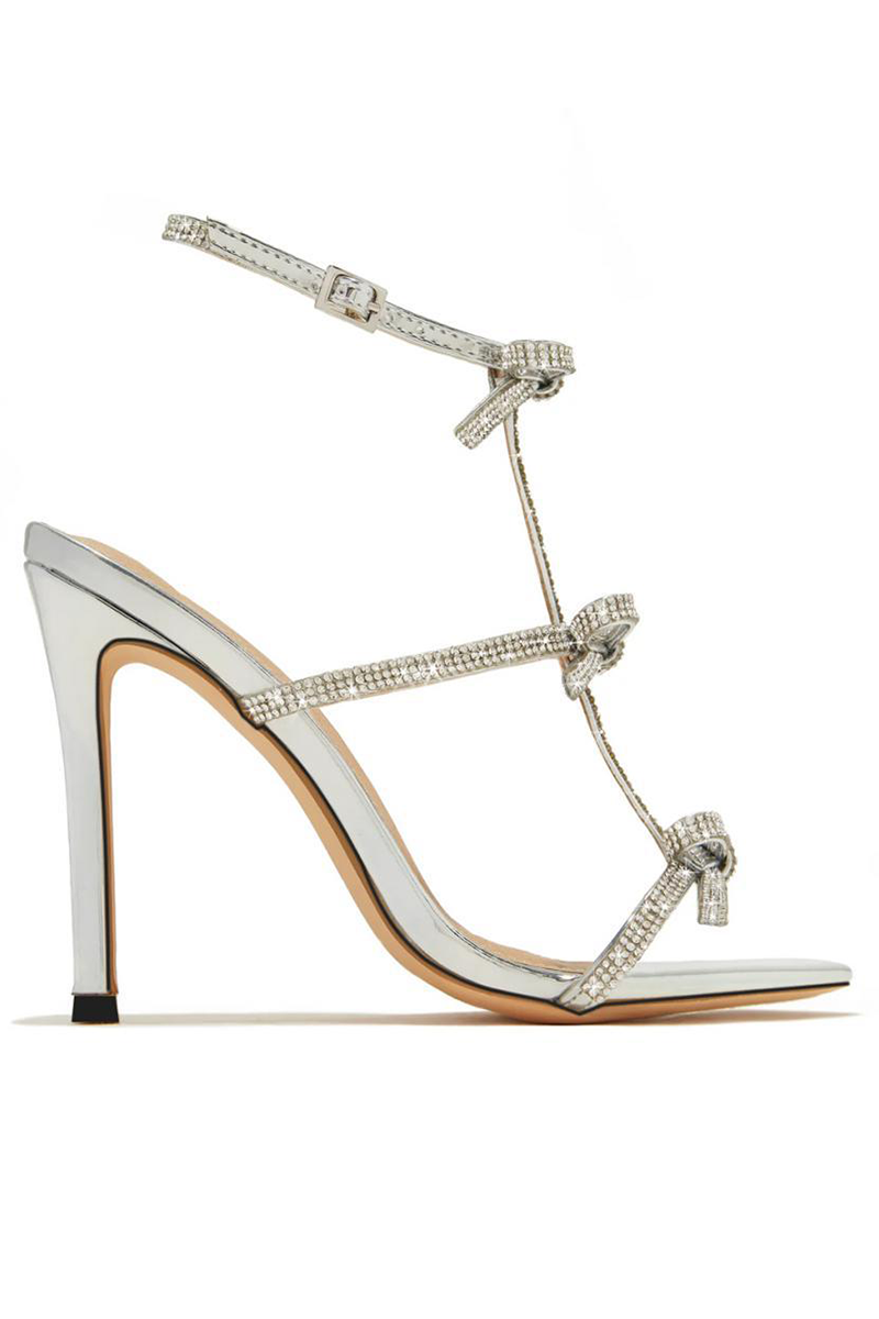 Sparkling Rhinestone Bow Ankle Strap Peep-Toe Party Stiletto Heels-Silver
