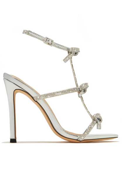 Sparkling Rhinestone Bow Ankle Strap Peep-Toe Party Stiletto Heels-Silver