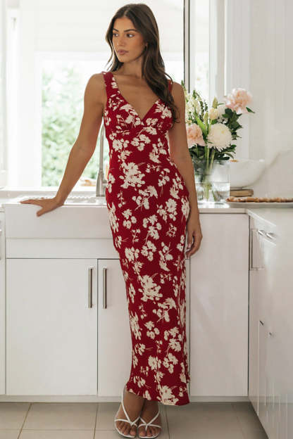 V Neck Sleeveless Floral Print Waist Tie Up Maxi Dresses