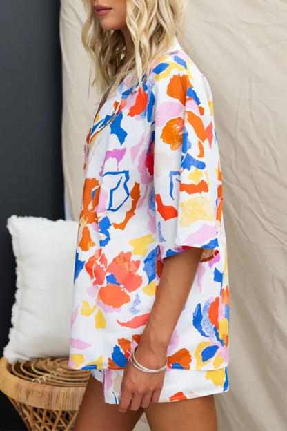 Abstract Print Half Sleeve Loose Fit Blouse Shorts Matching Set-White