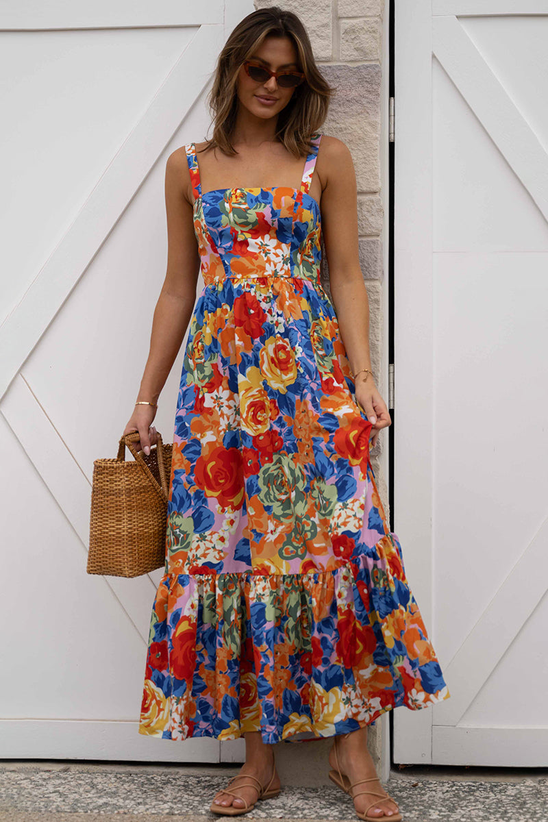 Square Neck Sleeveless Floral Print Pleated Vacation Maxi Dresses