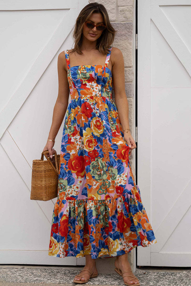 Square Neck Sleeveless Floral Print Pleated Vacation Maxi Dresses