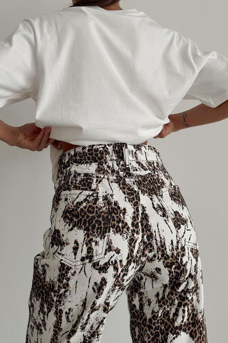 Leopard Print Pocket High Waist Straight-Leg Pants-White