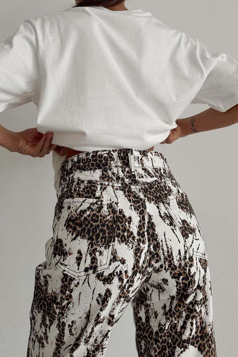 Leopard Print Pocket High Waist Straight-Leg Pants-White