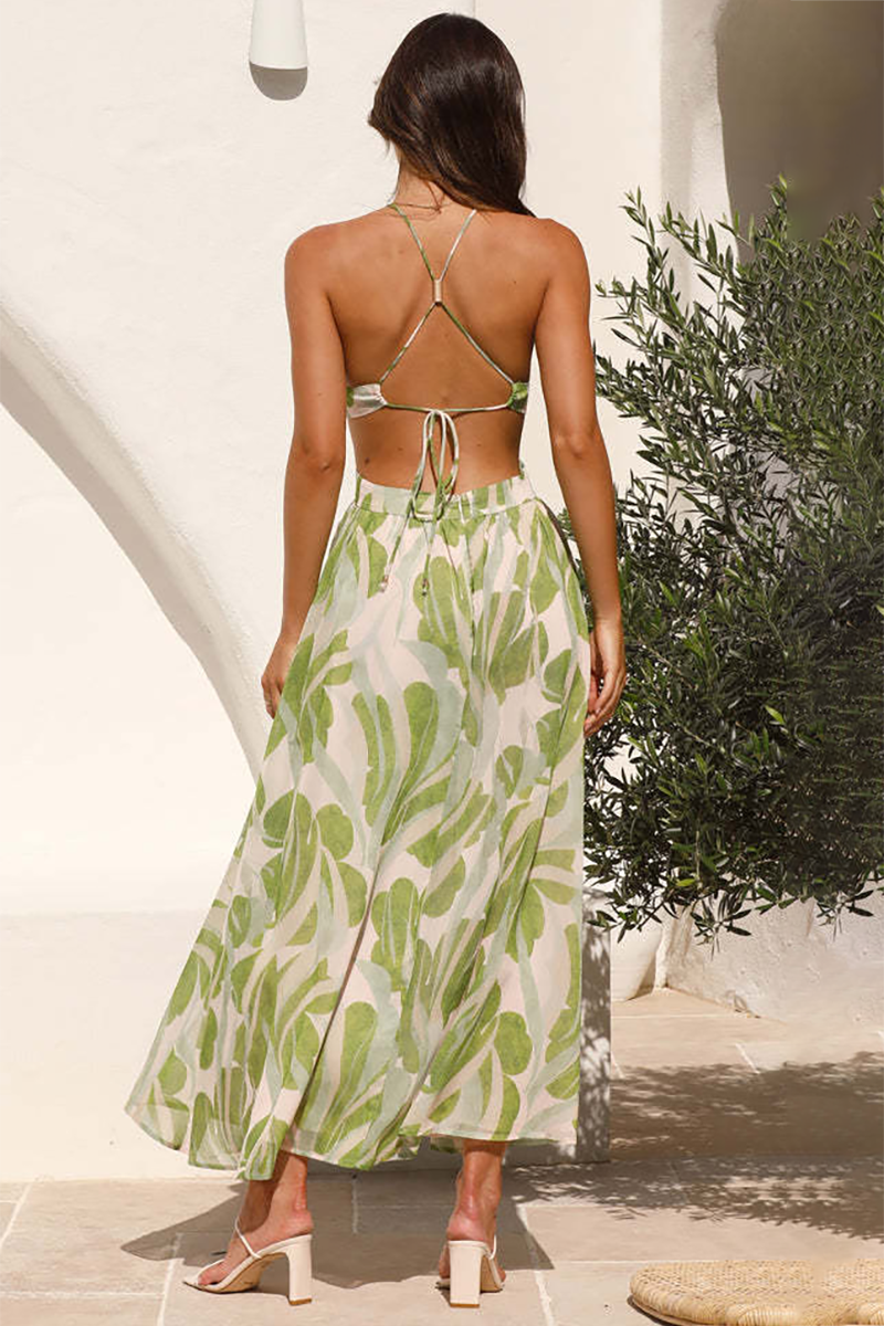 Floral Print Cutout Deep V Neck Backless Tie Up Flowy Vacation Maxi Dresses-Green
