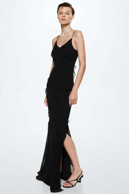 Ruffled Slit V Neck Backless Prom Slip Maxi Dresses