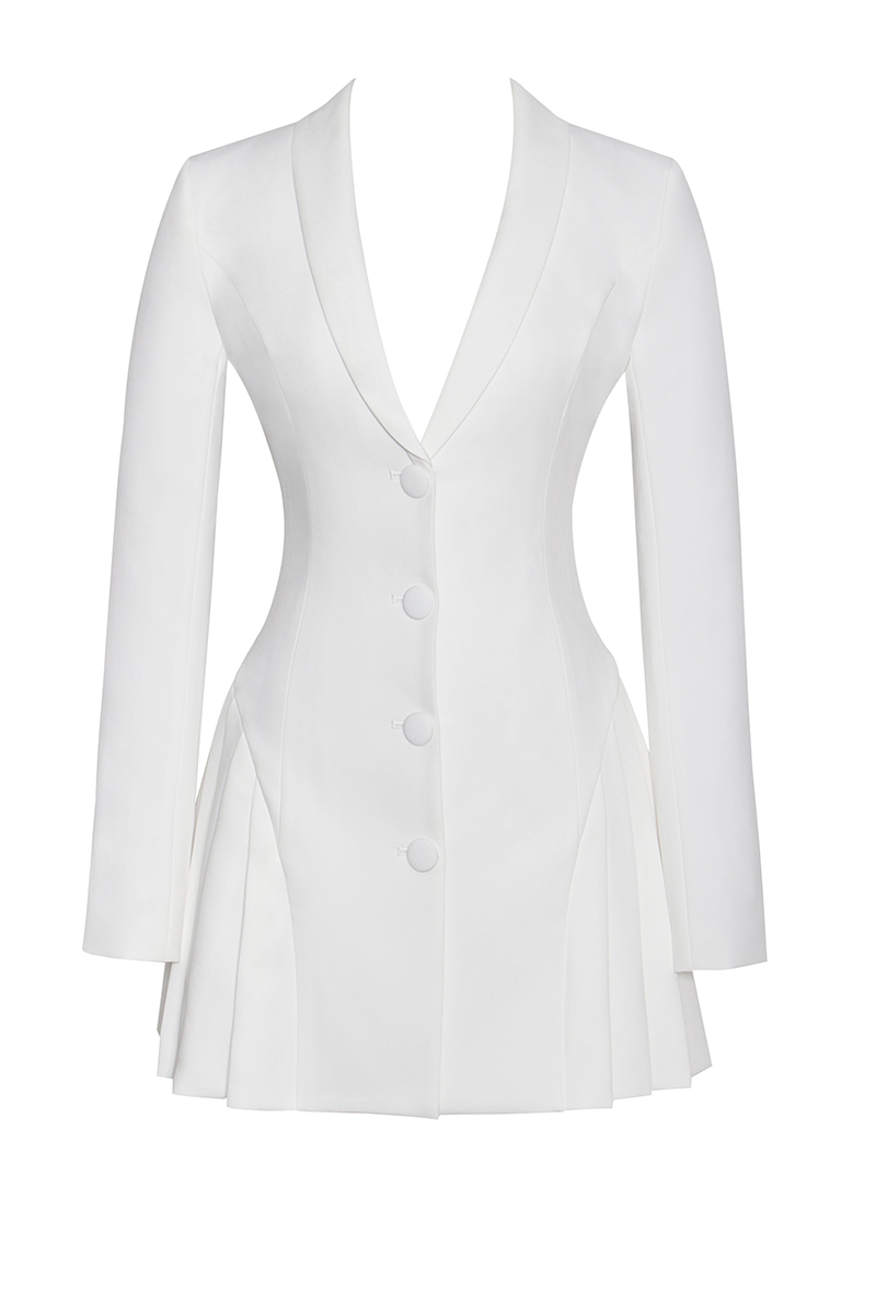 Deep V Neck Long Sleeve Button Up Cinch Waist Pleated Blazer Mini Dresses-White
