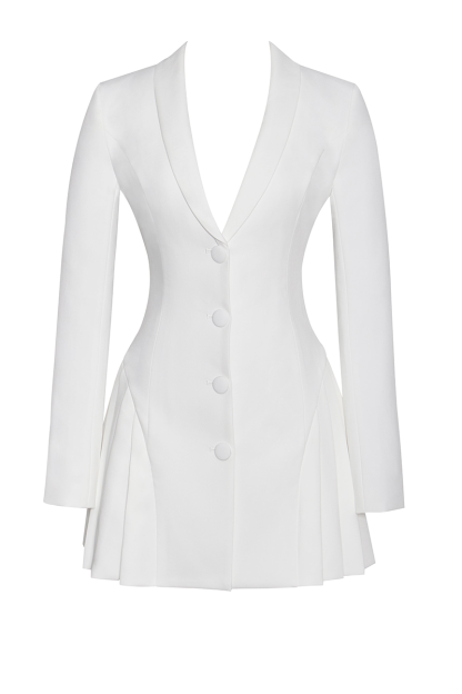 Deep V Neck Long Sleeve Button Up Cinch Waist Pleated Blazer Mini Dresses-White