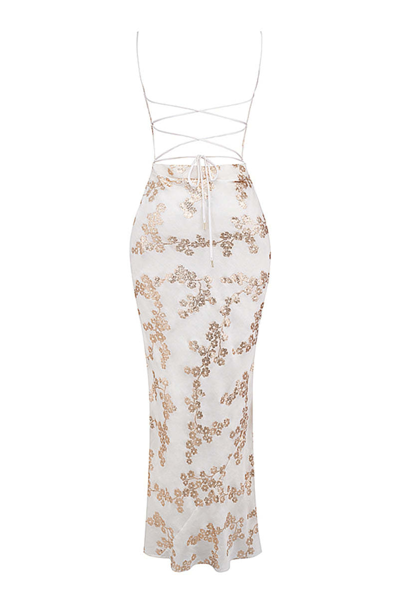 Shimmering Floral Pattern Lace Up Backless Fishtail Hem Slip Maxi Dresses-White