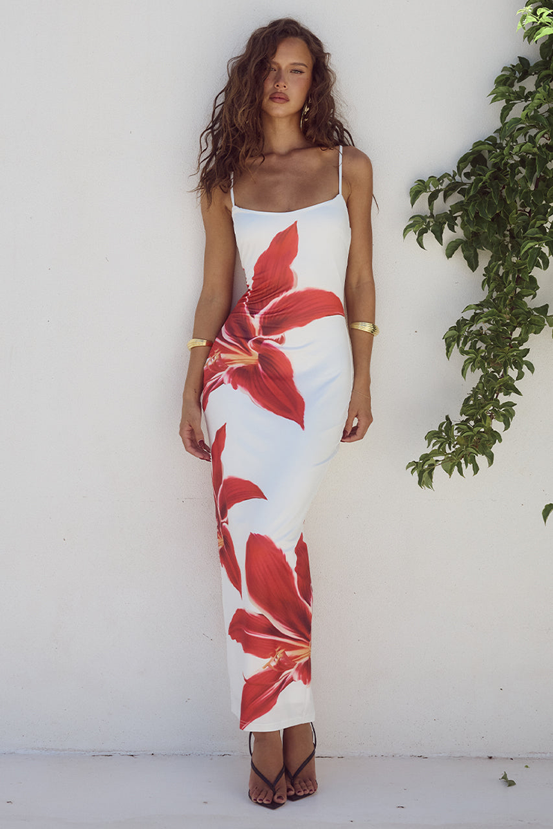 Floral Print Slim Fit Spaghetti Strap Maxi Dresses-White
