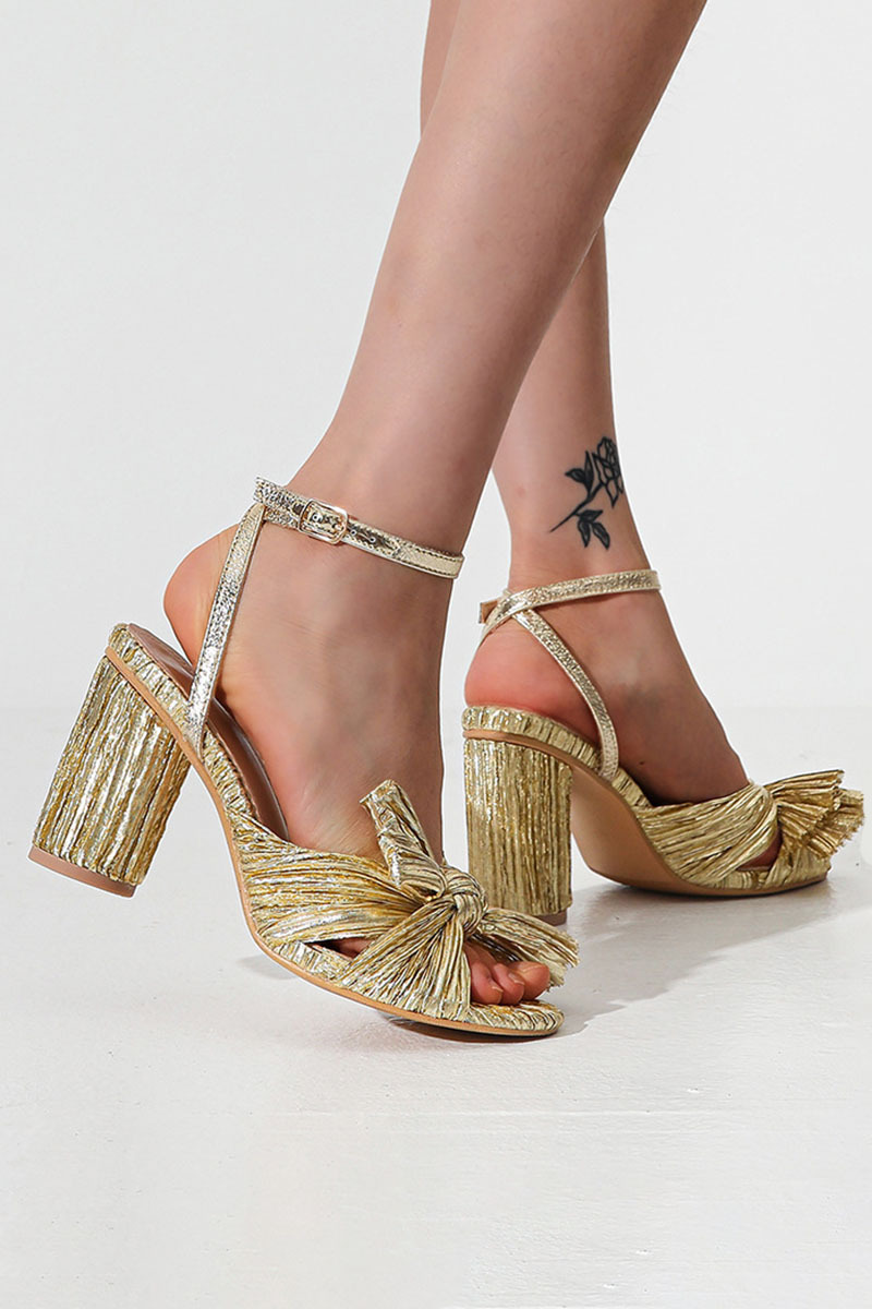 Pleated Bow Ankle Strap Chunky High Heel Sandals