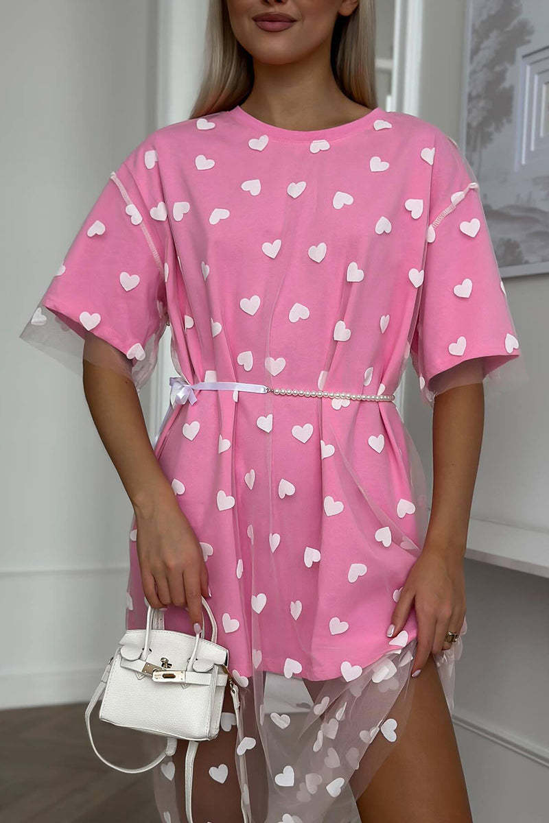 Heart Print Mesh Patchwork Short Sleeve T-shirt Midi Dresses-White