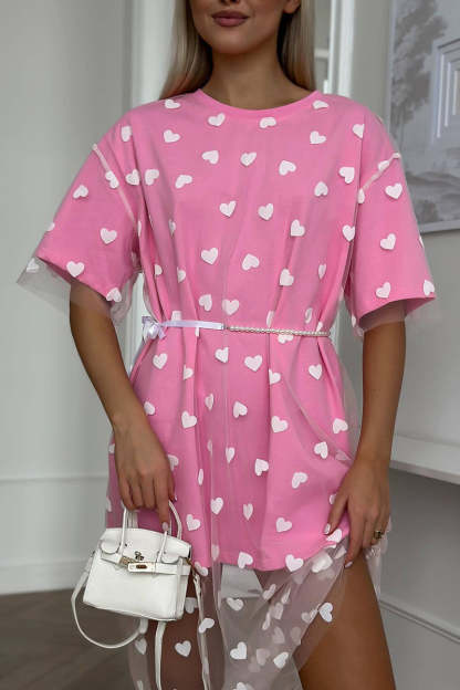 Heart Print Mesh Patchwork Short Sleeve T-shirt Midi Dresses-White