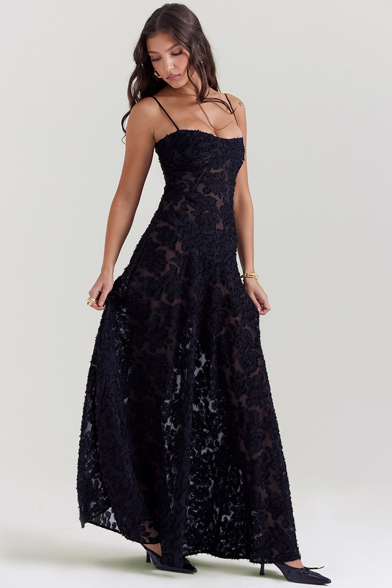 Floral Jacquard Lace Gothic Party Flowy Slip Maxi Dresses-Black