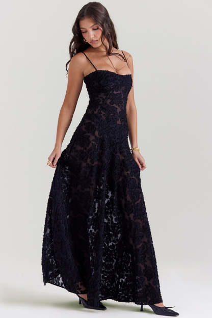 Floral Jacquard Lace Gothic Party Flowy Slip Maxi Dresses-Black