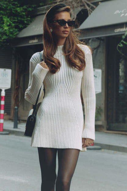 Pleated Knit Mock Neck Long Sleeve A-Line Slim Fit Sweater Mini Dresses-White