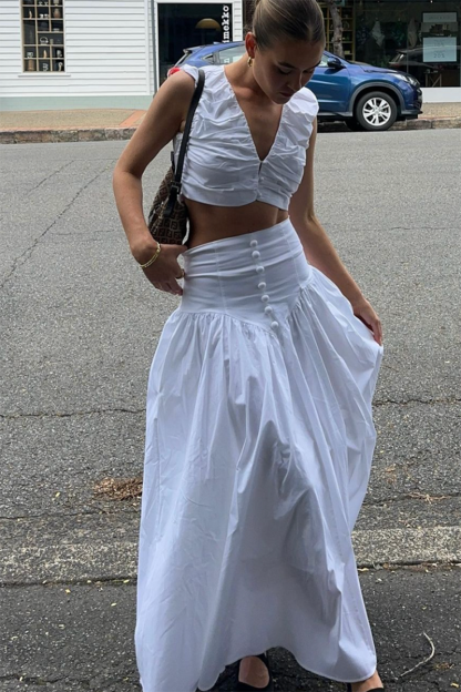 Button V Neck Crop Tank Top High Waist Maxi Skirt 2pcs Set-White