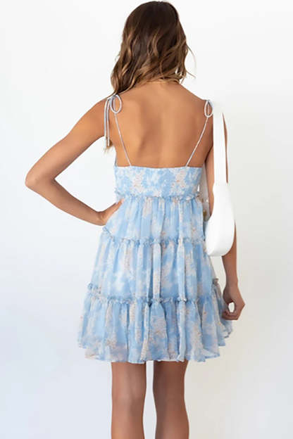Floral Print Tied Up Cami Boat Neck Tiered Ruffle Backless Flowy Vacation Mini Dresses