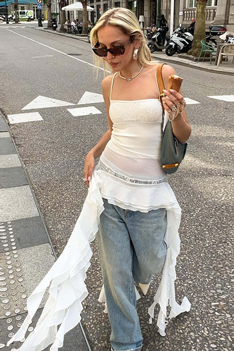 Ruffled Sash Lace Patchwork Spaghetti Strap Slim Fit Irregular Top-White