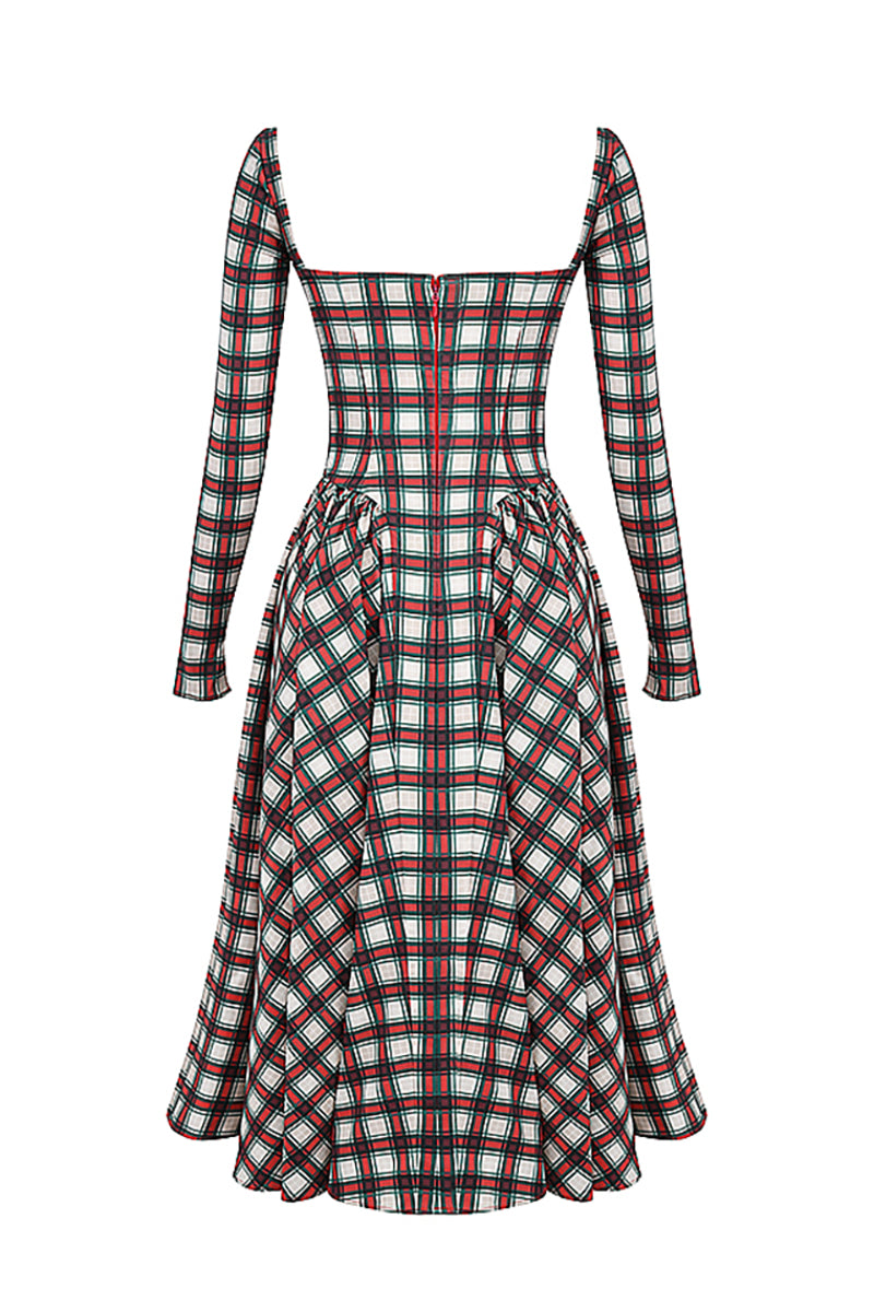 Plaid Pattern Long Sleeve Corset A-Line Pleated Midi Dresses-Red