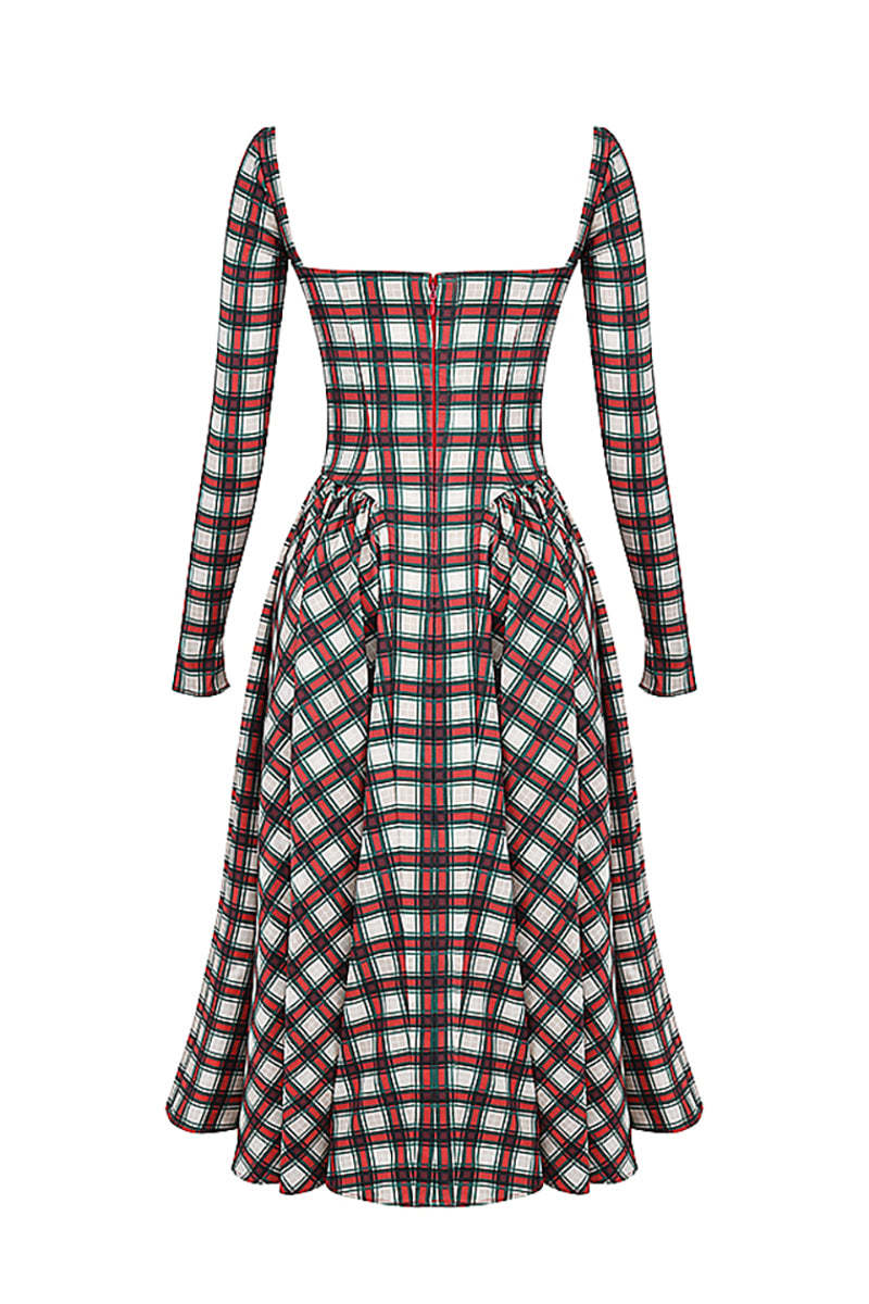 Plaid Pattern Long Sleeve Corset A-Line Pleated Midi Dresses-Red