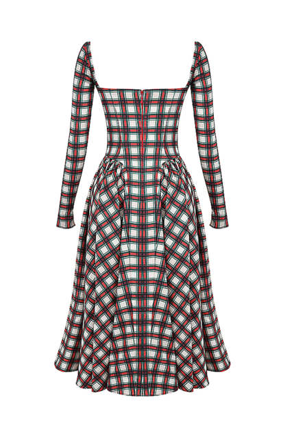 Plaid Pattern Long Sleeve Corset A-Line Pleated Midi Dresses-Red