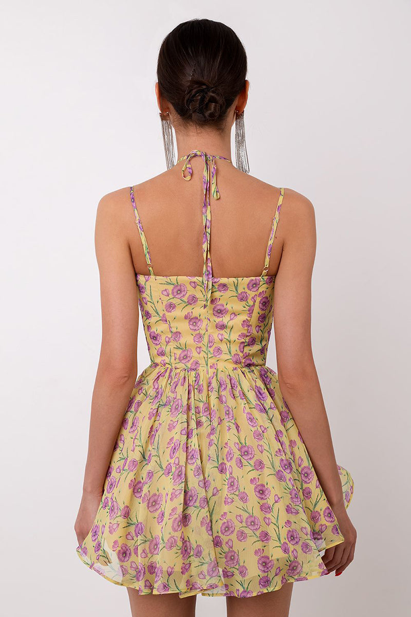 Cami Floral Print Sweetheart Neck Backless Tie Up Pleated Flowy A-Line Mini Dresses