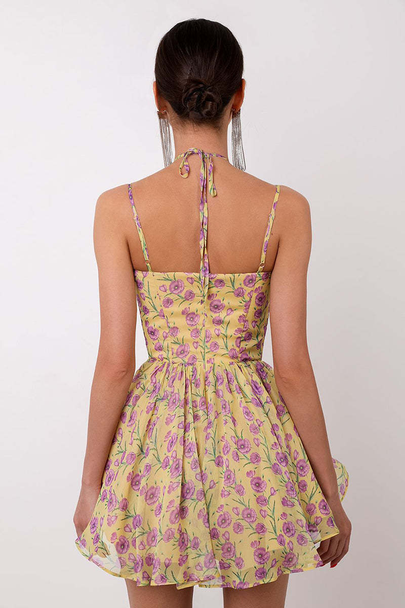 Cami Floral Print Sweetheart Neck Backless Tie Up Pleated Flowy A-Line Mini Dresses