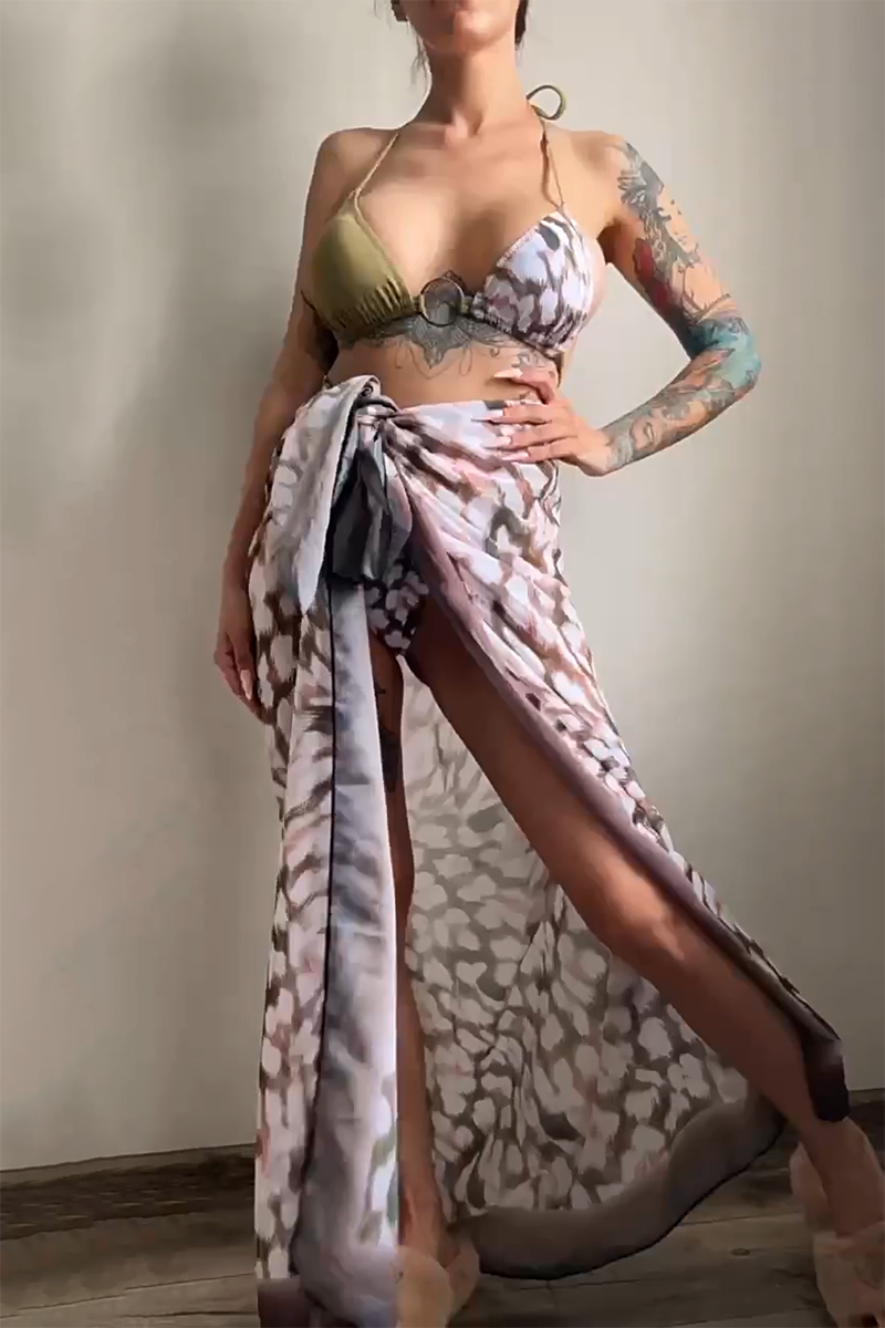 Animal Print Halter Tie Up Maxi Skirt Bikini Three-Piece Set-Green