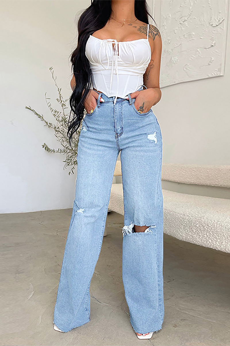 Denim Frayed Ripped Straight Leg Jeans-Blue