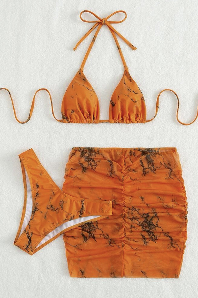 Halter Pattern Print Ruched Mini Skirt Bikini Three Pieces Set