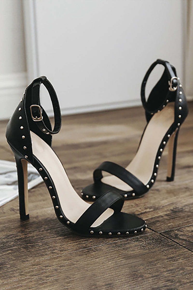 Studded Peep-Toe Buckle Ankle Strap Stiletto Heels-Black
