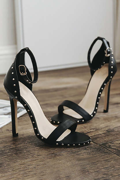 Studded Peep-Toe Buckle Ankle Strap Stiletto Heels-Black