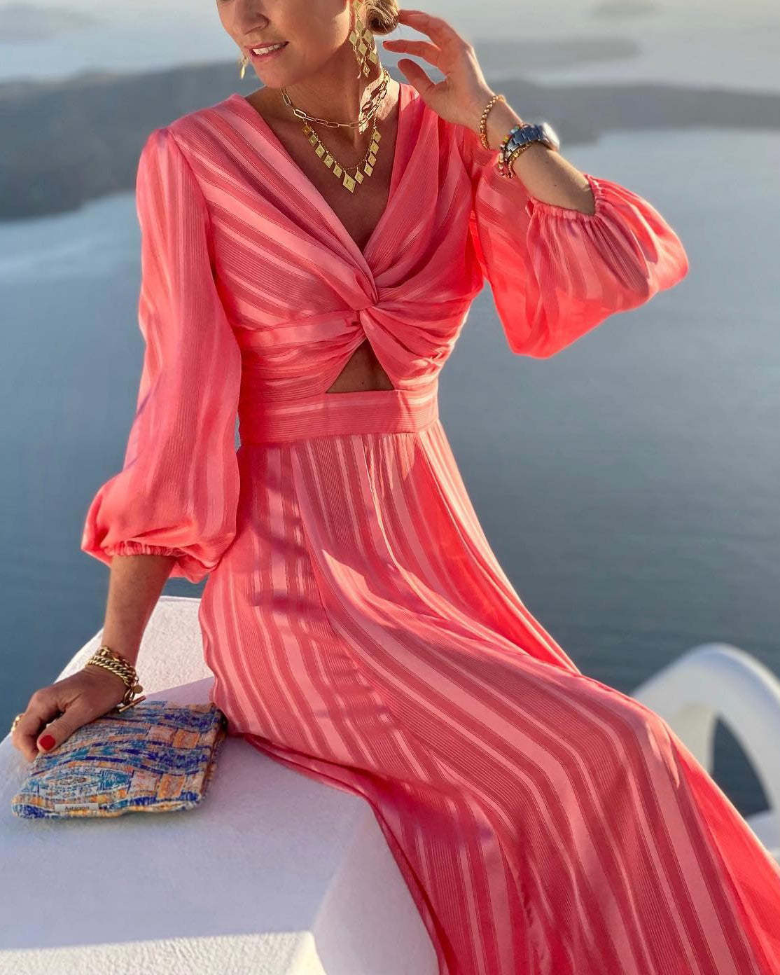 Long Sleeve V Neck Vacation Maxi Dresses-Red