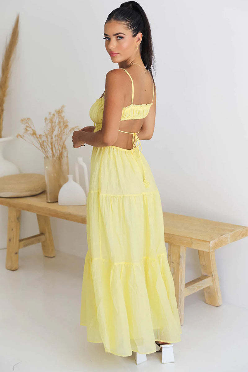 Tied Up Backless Ruched Tiered Pleated Slip Maxi Dress