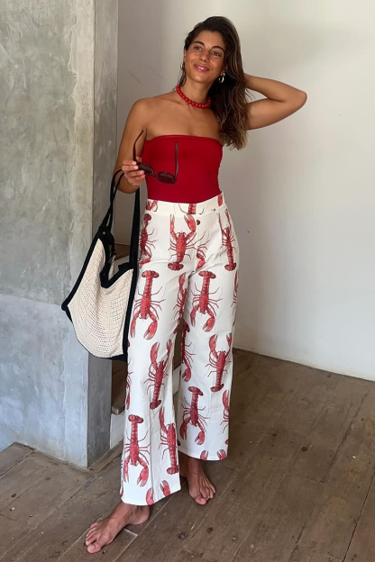 Lobster Print Puff Sleeve Tie Up Top Straight Leg Pants Matching Set-White