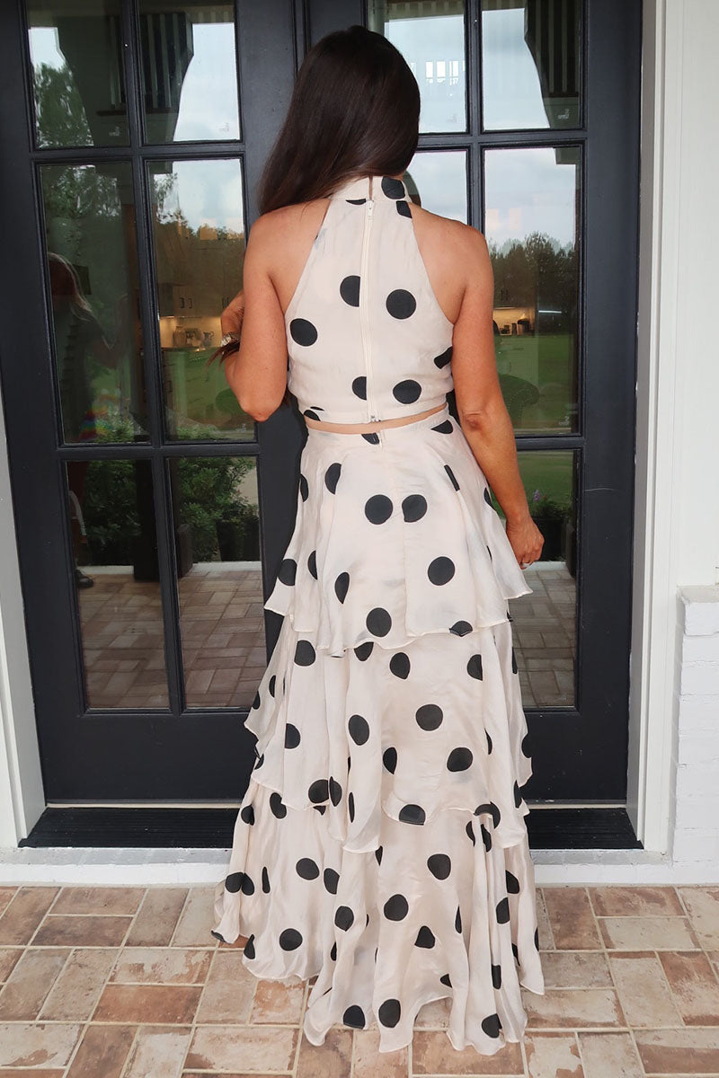 High Neck Crop Top Layered Maxi Skirt Polka Dot 2pcs Set-White