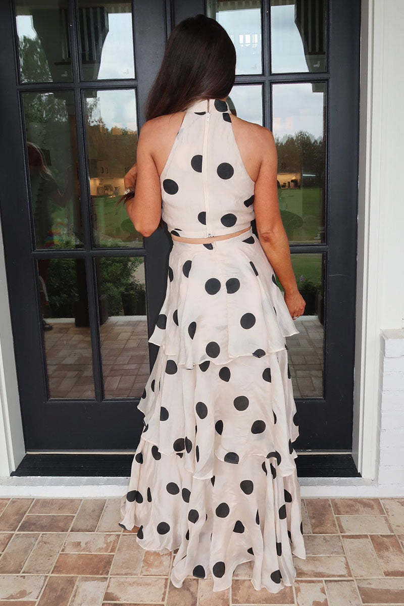 High Neck Crop Top Layered Maxi Skirt Polka Dot 2pcs Set-White