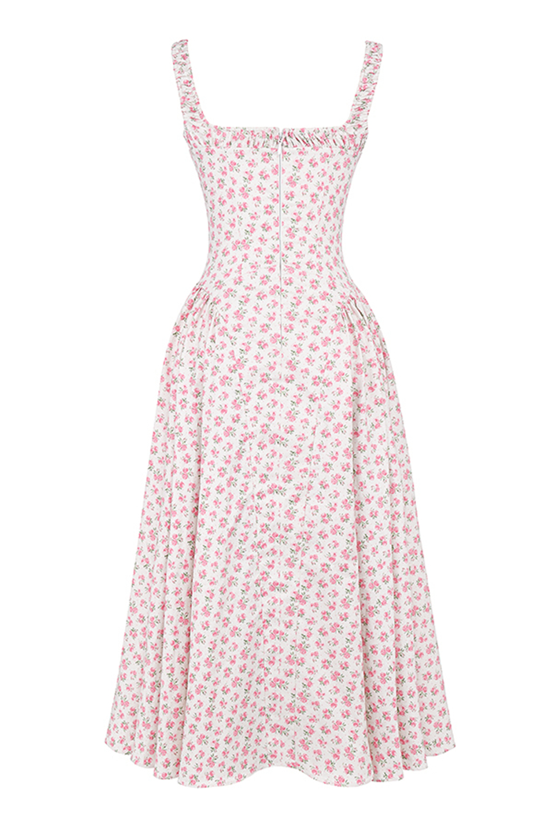 Wide Strap Square Neck Cinch Waist Ditsy Floral Print Midi Dresses-Pink