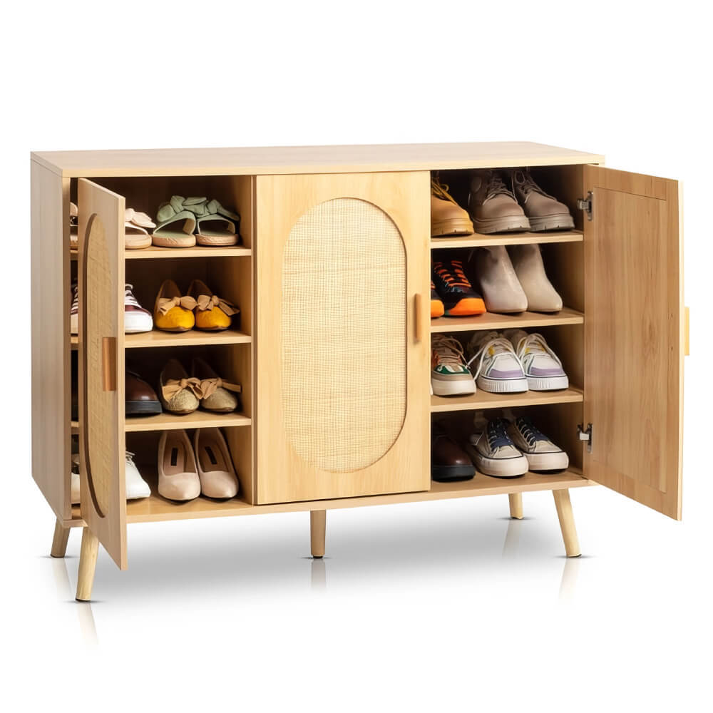 Modern Rattan Shoe Storage Cabinet with 3 Doors and Adjustable Shelves Accent Sideboard