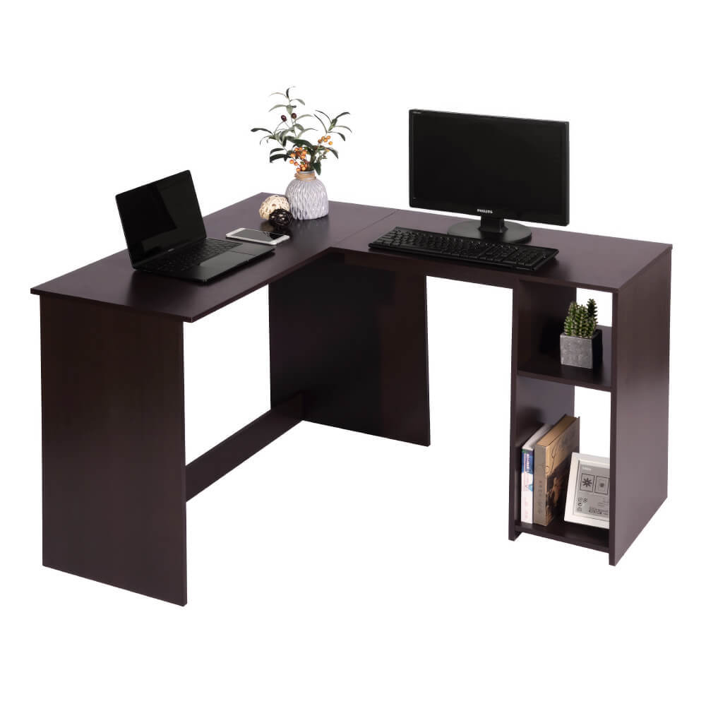 L-Shaped Corner Computer Desk with Storage Shelves Hutches Oak Home Office Workstation