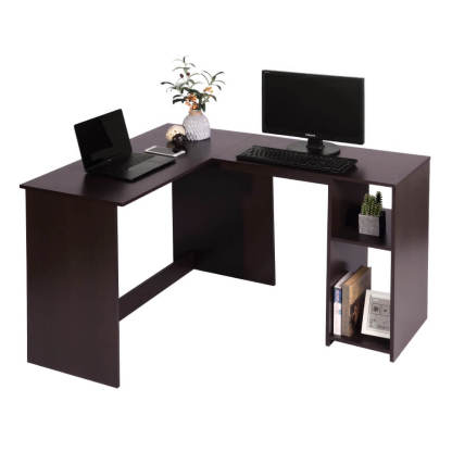 L-Shaped Corner Computer Desk with Storage Shelves Hutches Oak Home Office Workstation