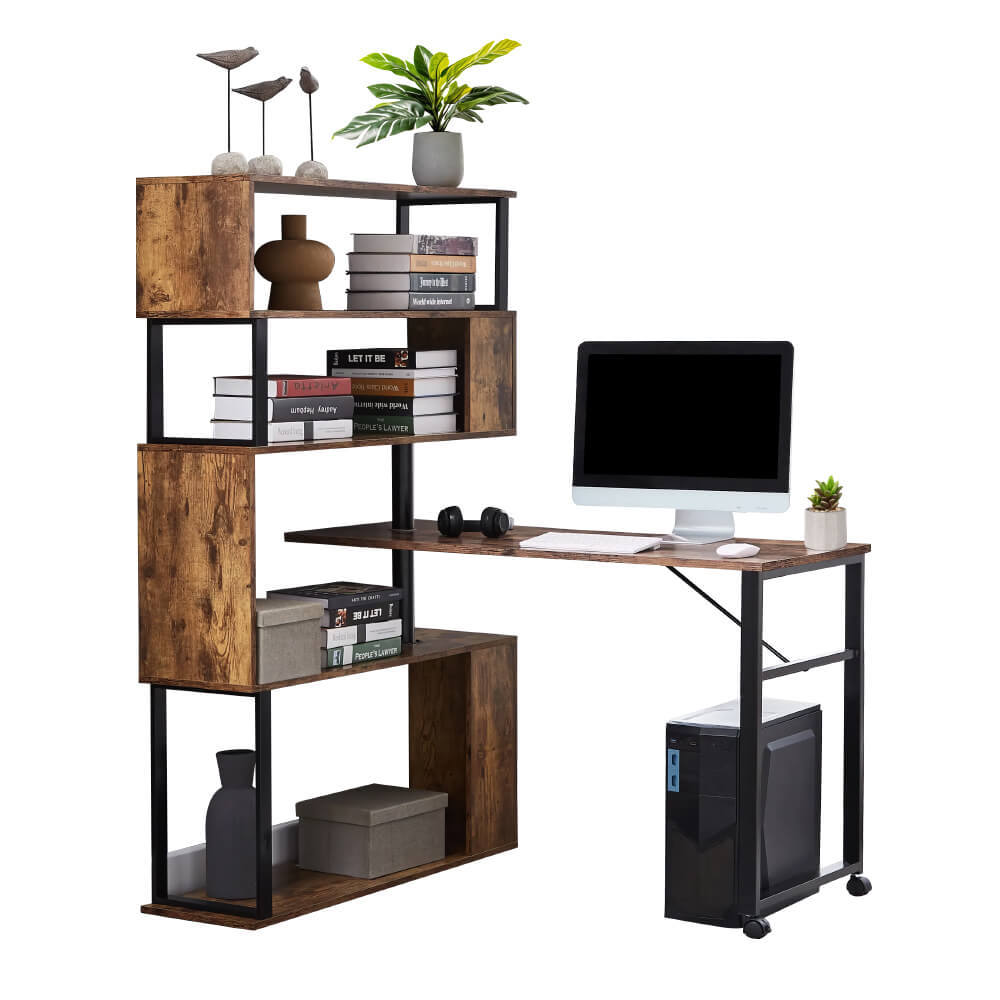 Modern L-Shaped Corner Desk with 5-Tier Bookshelf Lockable Casters for Home Office