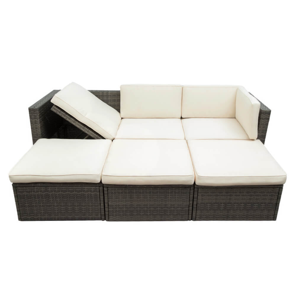 5 Piece Outdoor Patio Wicker Sofa Set with Adjustable Backrest Cushions Ottomans and Coffee Table