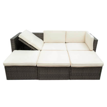 5 Piece Outdoor Patio Wicker Sofa Set with Adjustable Backrest Cushions Ottomans and Coffee Table