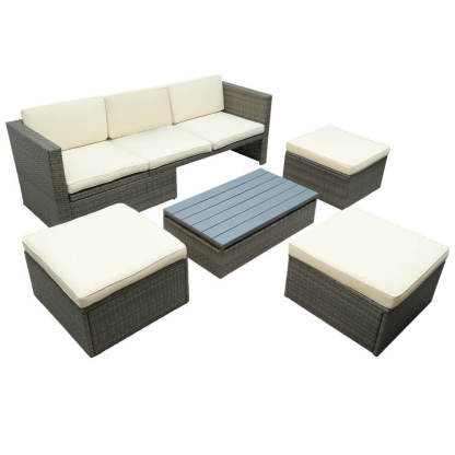 5 Piece Outdoor Patio Wicker Sofa Set with Adjustable Backrest Cushions Ottomans and Coffee Table