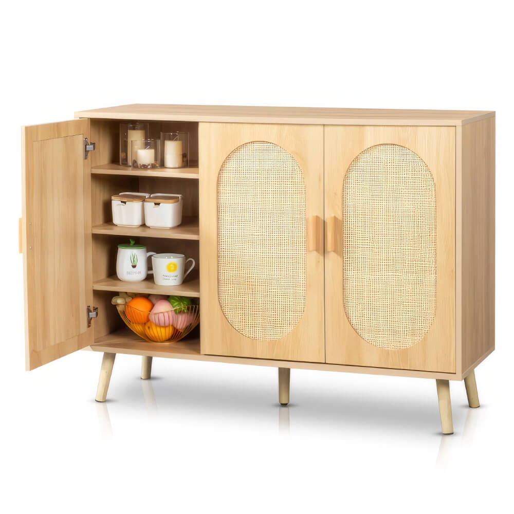 Modern Rattan Shoe Storage Cabinet with 3 Doors and Adjustable Shelves Accent Sideboard