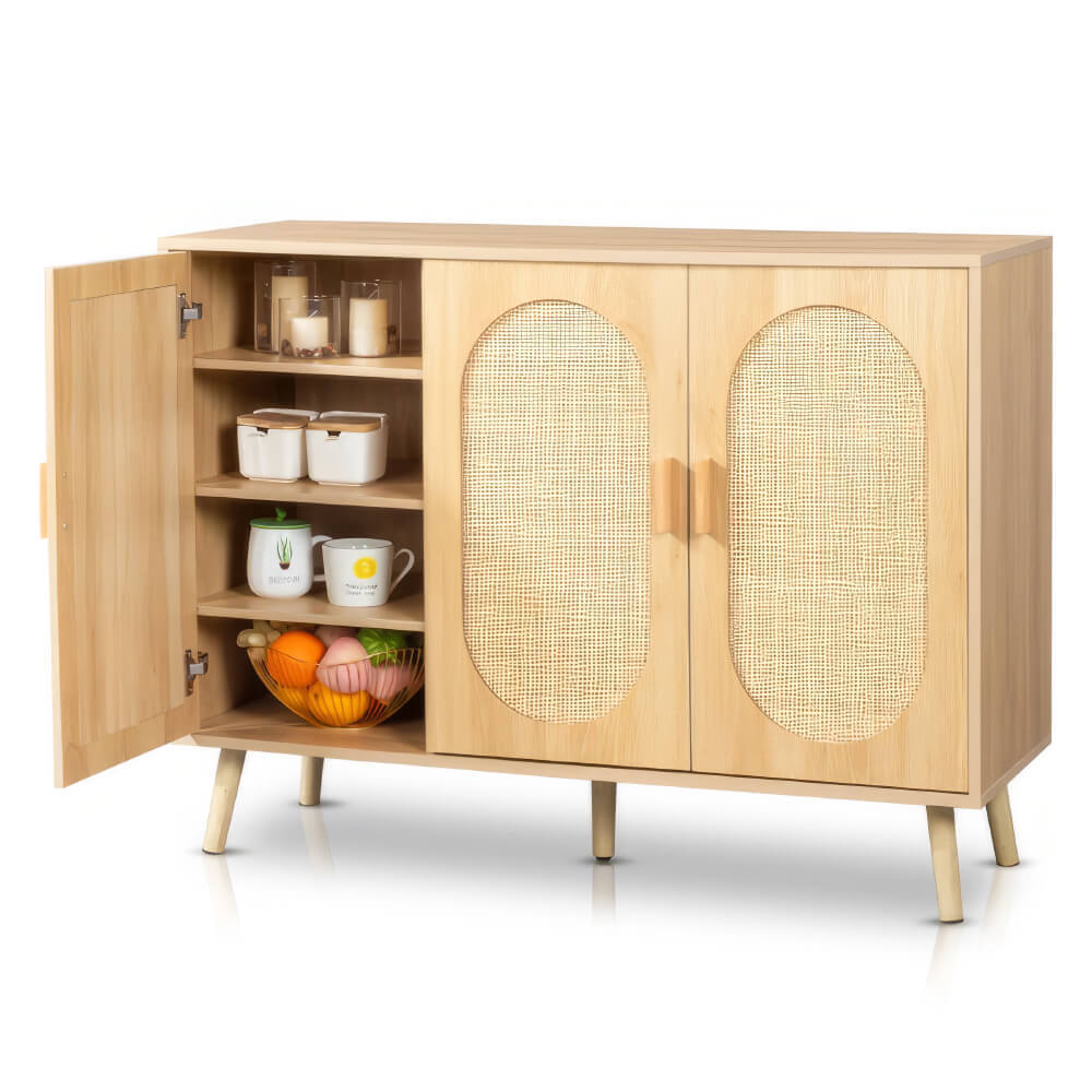 Modern Rattan Shoe Storage Cabinet with 3 Doors and Adjustable Shelves Accent Sideboard
